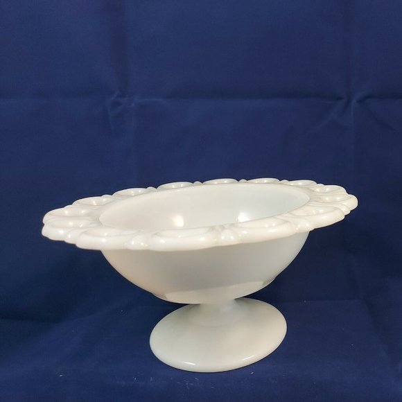 Vintage White Milk Glass Pedestal Footed Candy Dish Compote Bowl Lace Edge - Picture 4 of 7